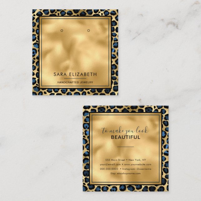 Chic Gold Minze Leopard Print Earring Display Card Quadratische Visitenkarte (Vorne/Hinten)