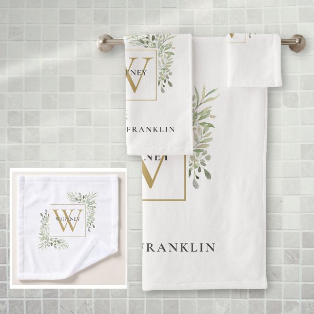 Chic Gold Monogram Eukalyptus Greenery Badhandtuch Set (Chic Gold Monogram Eucalyptus Greenery Bath Towel Set)