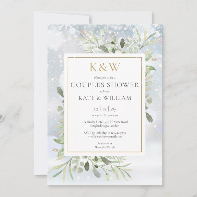 Chic Gold Monogram Greenerity Winter Paares Dusche Einladung (Vorderseite)