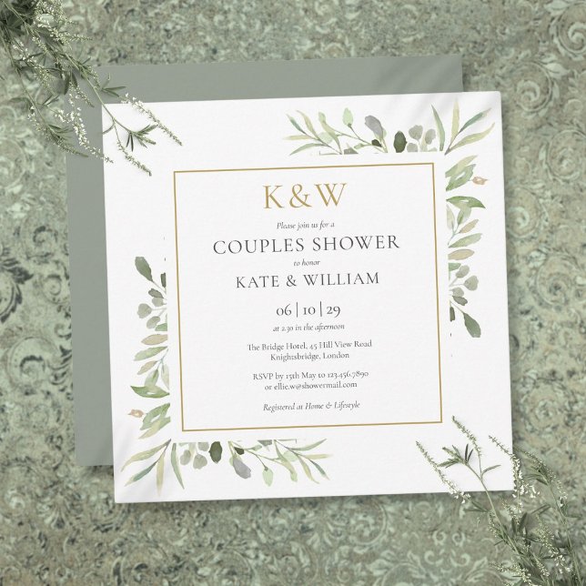 Chic Gold Monogram Grünpaare Dusche Square Einladung (Chic Gold Monogram Greenery Couples Shower Square Invitation)