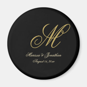 Chic Gold Monogram Script Black Wedding Magnet