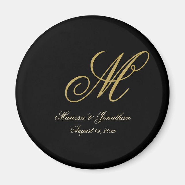 Chic Gold Monogram Script Black Wedding Magnet (Vorne)