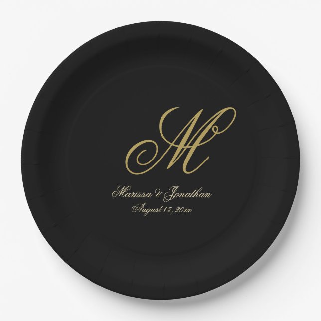 Chic Gold Monogram Script Black Wedding Pappteller (Vorderseite)
