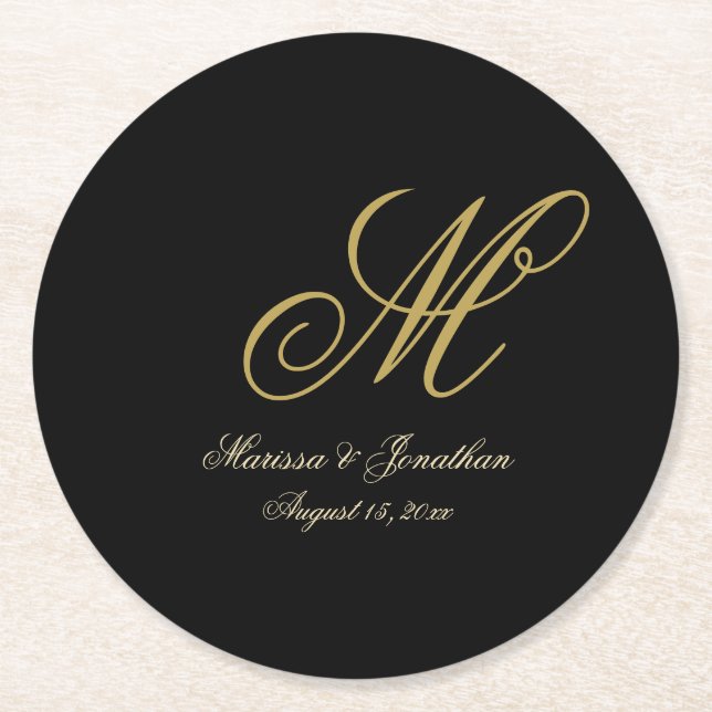 Chic Gold Monogram Script Black Wedding Runder Pappuntersetzer (Vorderseite)