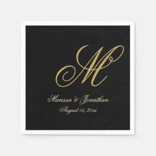 Chic Gold Monogram Script Black Wedding Serviette