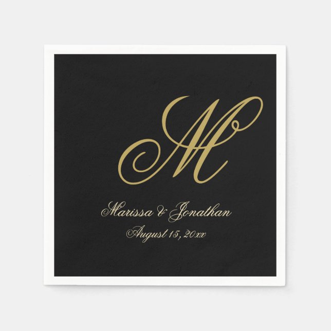 Chic Gold Monogram Script Black Wedding Serviette (Vorderseite)