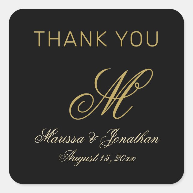 Chic Gold Monogram Script Black Wedding Vielen Dan Quadratischer Aufkleber (Vorderseite)