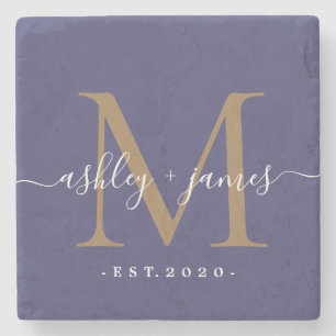 Chic Gold Monogram Script-Namen Hochzeitdatum Blau Steinuntersetzer