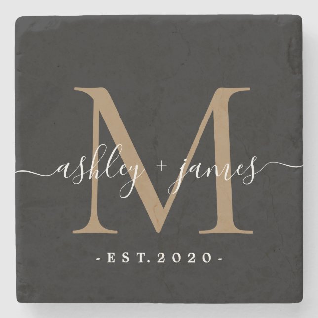 Chic Gold Monogramm Schrift Namen Hochzeitsdatum S Steinuntersetzer (Vorderseite)