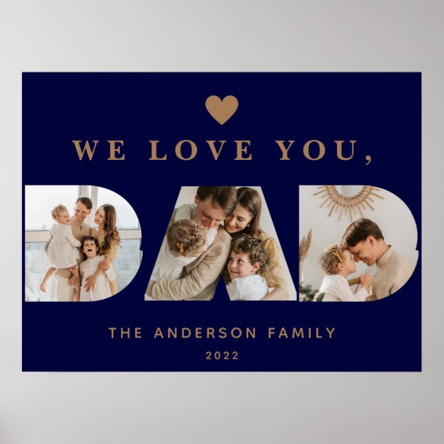 Chic Gold Navy Blue Custom Drei Vater Script Fotos Poster (Vorne)