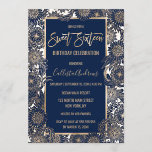 Chic Gold Navy Blue Floral Illustration Sweet 16 Einladung