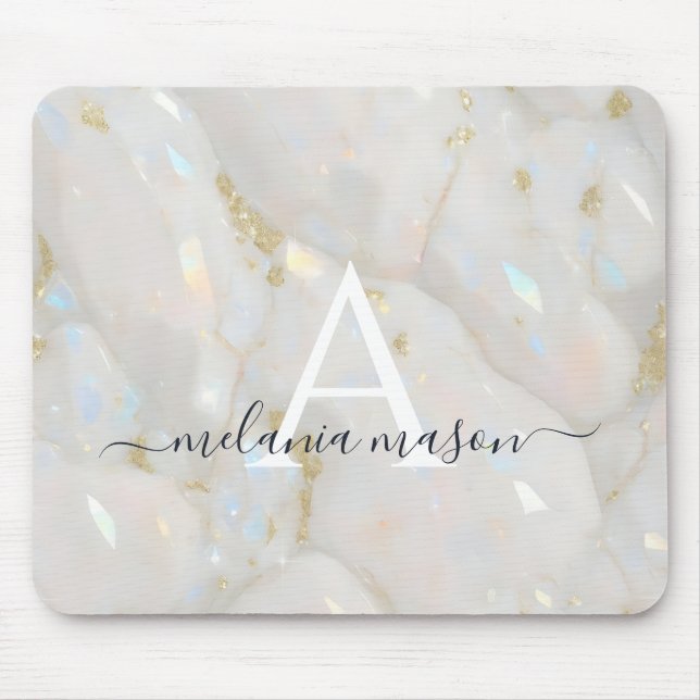 Chic Gold Opal Edelsteinmarmormonogramm Mousepad (Vorne)