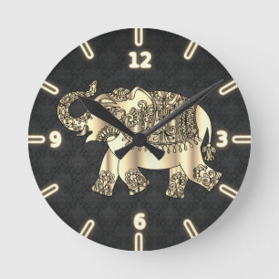 Chic Gold Paisley Floral Elephant, Black Damask Runde Wanduhr