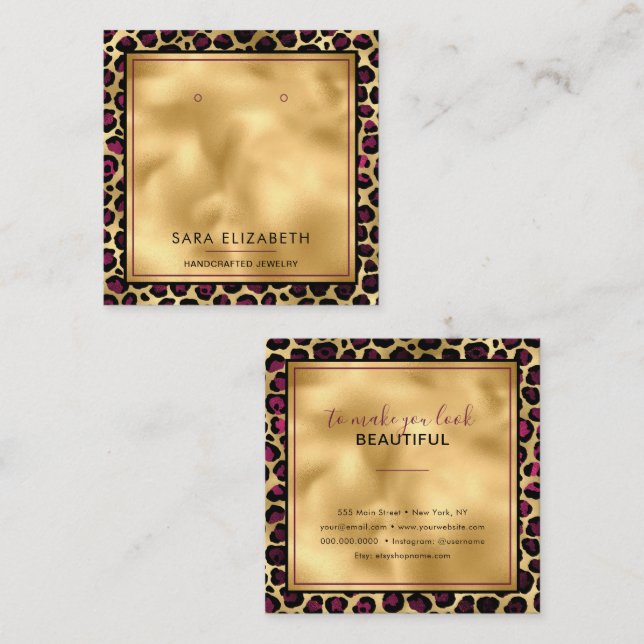 Chic Gold Pink Leopard Print Earring Display Card Quadratische Visitenkarte (Vorne/Hinten)