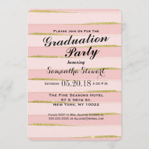 Chic Gold Pink Stripes Graduation Party Einladung