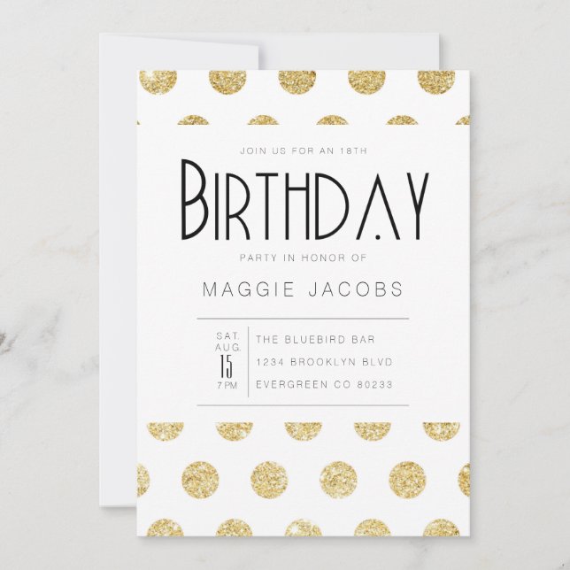 Chic Gold Polka Dot Birthday Party Einladung (Vorderseite)