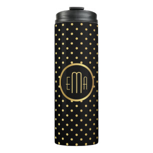 Chic Gold Polka Dots auf Schwarz mit Ihrer Monogra Thermosbecher