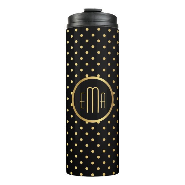 Chic Gold Polka Dots auf Schwarz mit Ihrer Monogra Thermosbecher (Vorderseite)