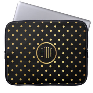 Chic Gold Polka Punkte auf Schwarz mit Monogramm Laptopschutzhülle