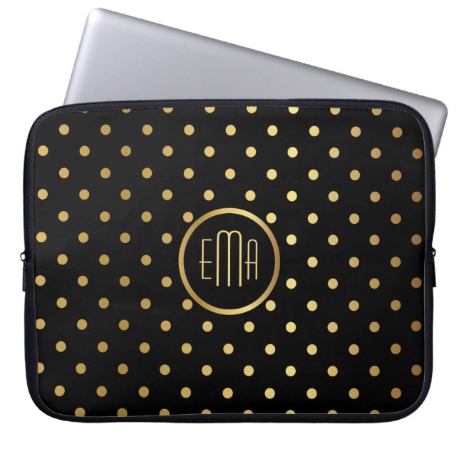 Chic Gold Polka Punkte auf Schwarz mit Monogramm Laptopschutzhülle (Vorderseite)
