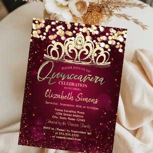 Chic Gold Punkte, Tiara Burgunder Quinceañera Einladung