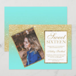 Chic gold Rahmen aquamarin ombre Foto Sweet 16 Einladung