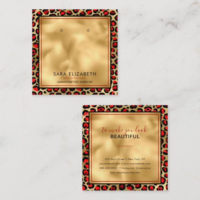 Chic Gold Red Leopard Print Earring Display Card Quadratische Visitenkarte (Vorne/Hinten)