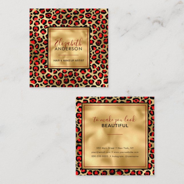 Chic Gold Red Leopard Print Fashion Modern Quadratische Visitenkarte (Vorne/Hinten)