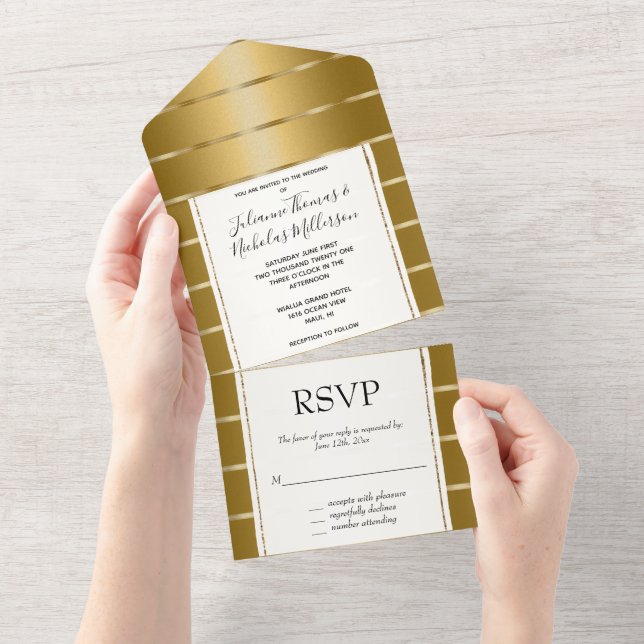Chic Gold Ribbon Wedding All In One Einladung (Abreißen)