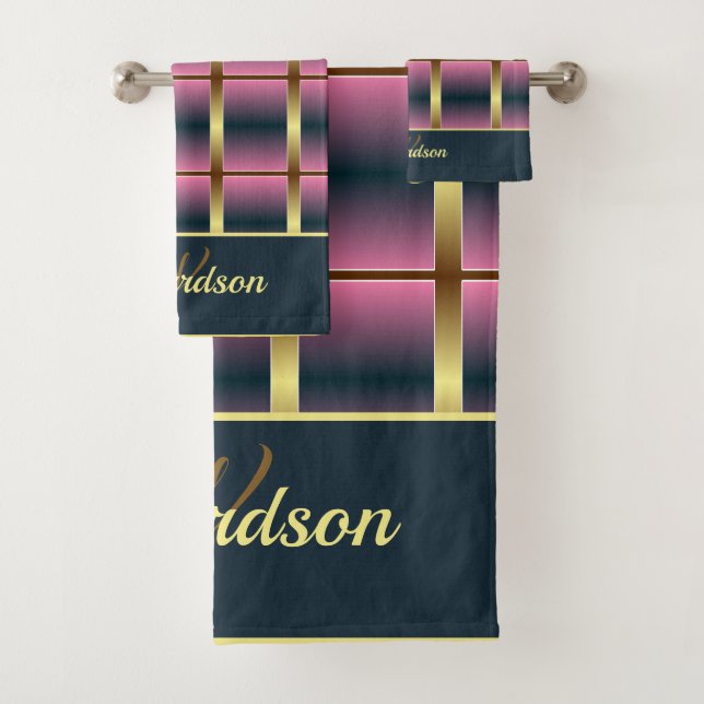 Chic Gold, Rosa und Marine Checked Mit Monogramm Badhandtuch Set (Insitu)