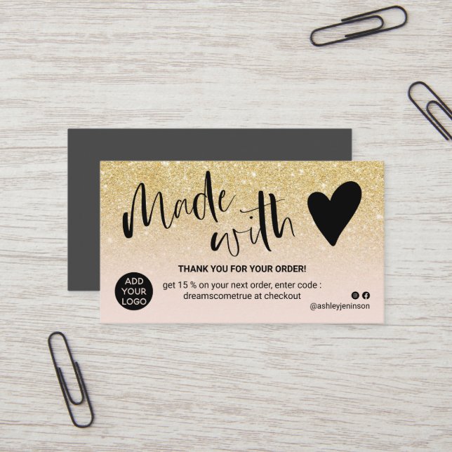 Chic gold rot Rosa Danke, mit Liebe gemacht Visitenkarte (Vorderseite/Rückseite Beispiel)