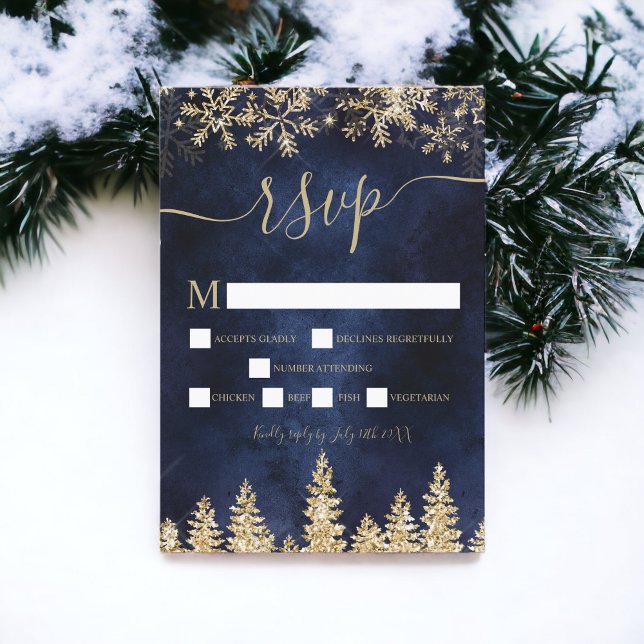 Chic gold Schneekiefer Weihnachts-uAwg RSVP Karte (Chic gold snow pine navy Christmas winter rsvp)