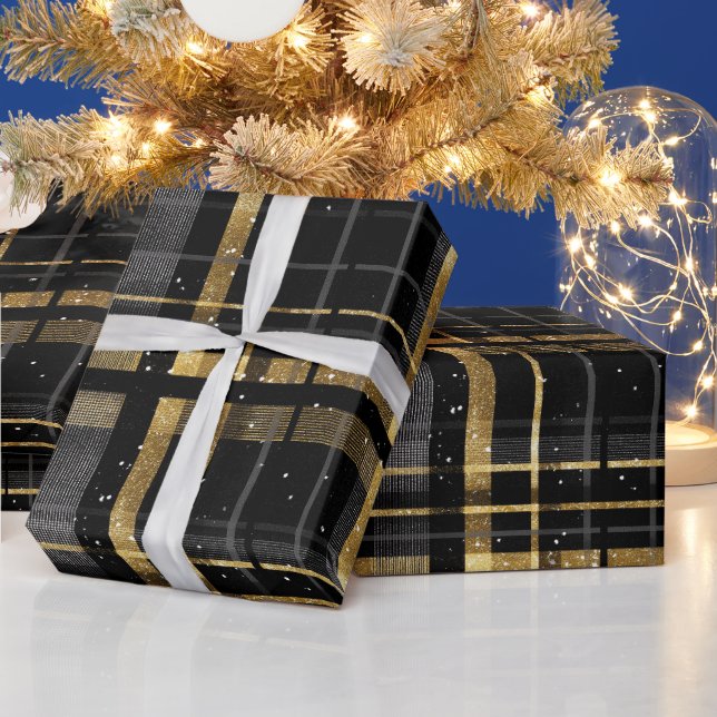 Chic Gold Schwarz Luxus-Onyx-Karomuster Geschenkpapier (Feiertage)