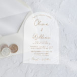 Chic Gold Script Arch Wedding Mattiert Acryleinladungen<br><div class="desc">Chic bogenförmige mattierte Acrylhochzeit mit den Namen der Braut und des Bräutigams in einer goldenen Kalligraphie-Schrift und Ihren Hochzeitsdetails in moderner Goldschrift. Passen Sie die Größe des Skript-Schriftartes im Entwurfstool für längere oder kürzere Namen an,  falls gewünscht.</div>