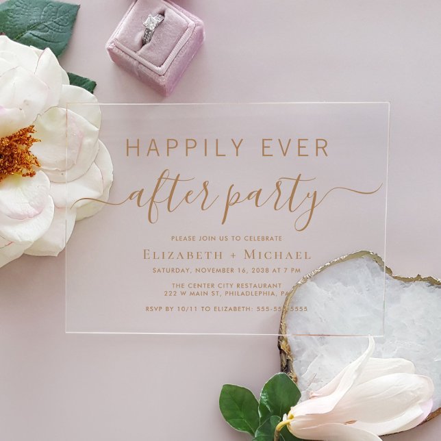 Chic Gold Script Hochzeit nach dem Party Acryleinladungen (Celebrate your Happily Ever After in style with our elegant acrylic wedding reception invitations)