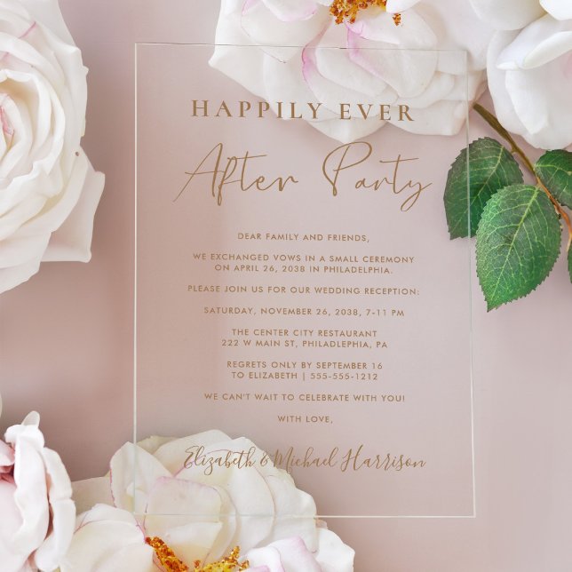 Chic Gold Script Hochzeitsempfang Acryleinladungen (Celebrate your Happily Ever After in style with our elegant acrylic wedding reception invitations)