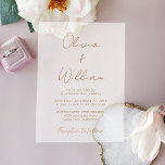 Chic Gold Script Minimalistisch Wedding Mattiert Acryleinladungen<br><div class="desc">Einfache und schicke mattierte Acrylhochzeit mit minimalistischem Ambiente mit den Namen der Braut und des Bräutigams in einer goldenen Kalligraphie-Schrift und Ihren Hochzeitsdetails in moderner Goldschrift. Passen Sie die Größe des Skript-Schriftartes im Entwurfstool für längere oder kürzere Namen an,  falls gewünscht.</div>