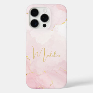 Chic Gold Script Monogram auf Pink Marble iPhone 16 Pro Hülle
