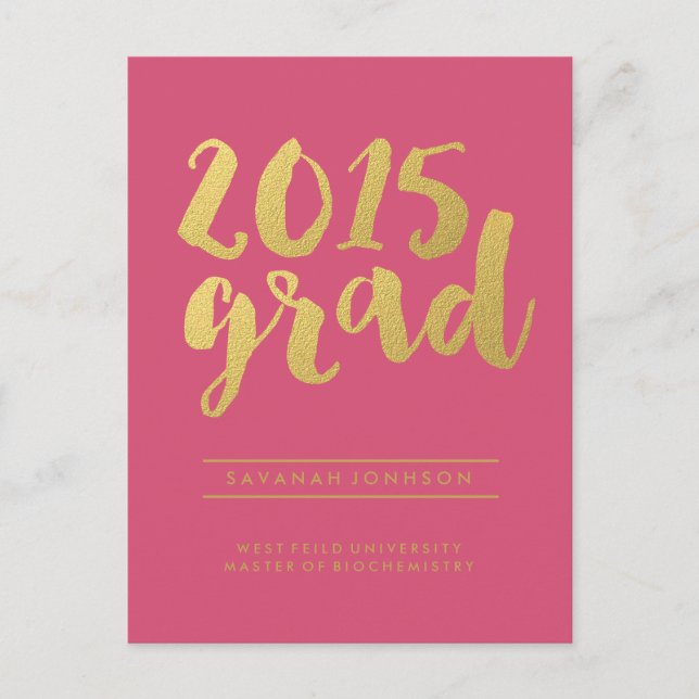 Chic Gold Script | Pink Graduate Foto Postkarte (Vorderseite)