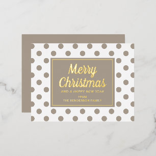Chic Gold Script Taupe Polka Dots Frohe Weihnachte Folien Feiertagspostkarte