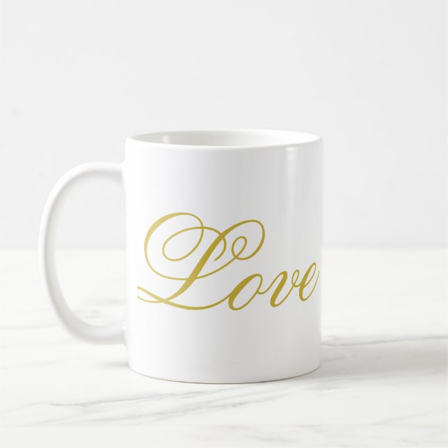 Chic Gold Script White Liebe Hochzeitkalligrafie Kaffeetasse (Links)