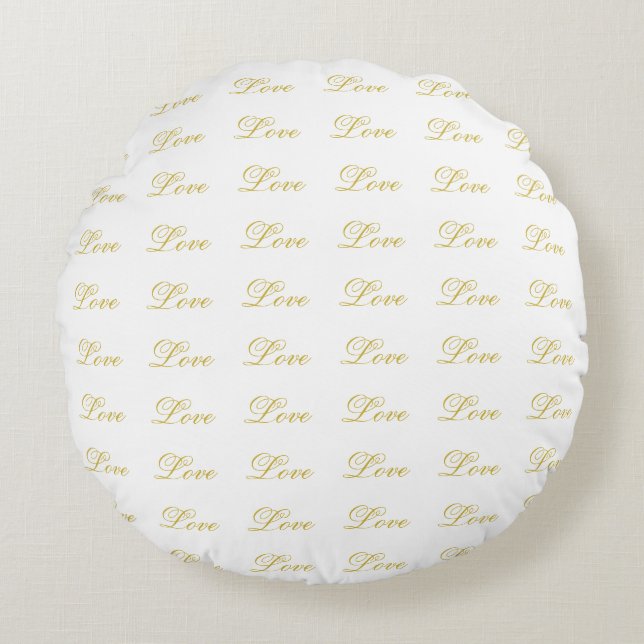 Chic Gold Script White Liebe Hochzeitkalligrafie Rundes Kissen (Vorderseite)