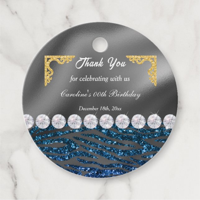 Chic Gold Silver Foil & Dark Blue Zebra Print Geschenkanhänger (Vorderseite)