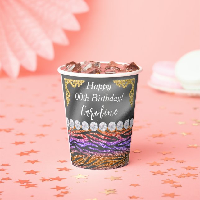 Chic Gold Silver Foil Orange Zebra Print Birthday Pappbecher (Insitu)