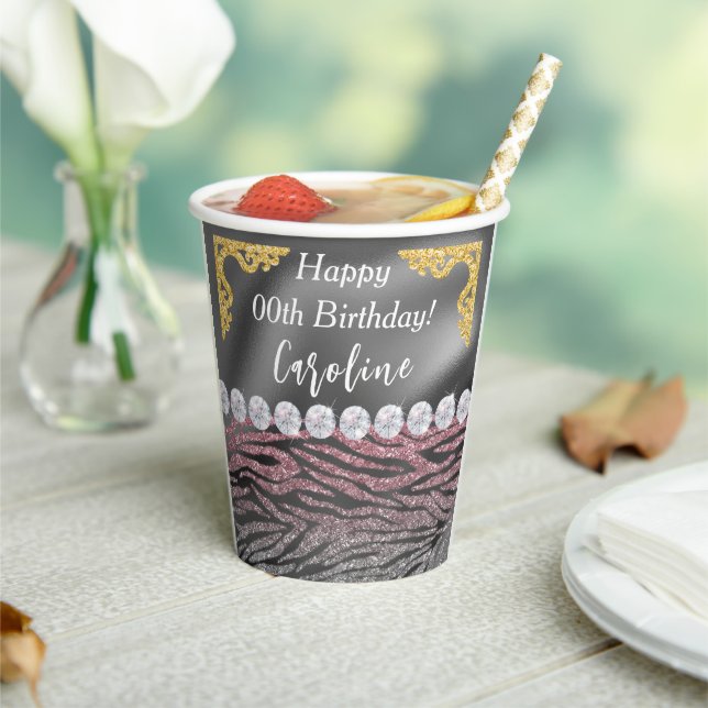 Chic Gold Silver Foil Rosa Zebra Print Birthday Pappbecher (In Situ)