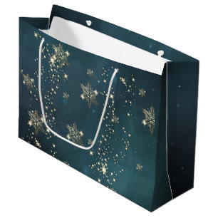 Chic Gold Snowflakes Green Große Geschenktüte