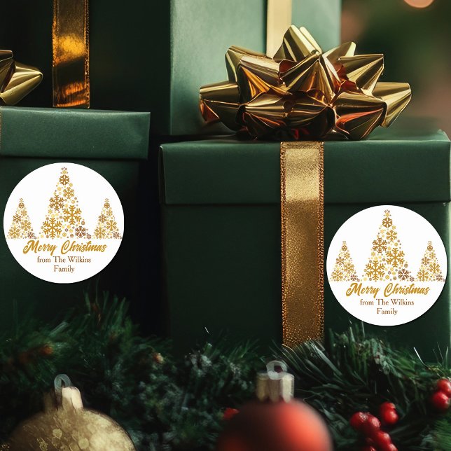 Chic Gold Snowflakes Weihnachtsbaum Personalisiert Runder Aufkleber (Von Creator hochgeladen)