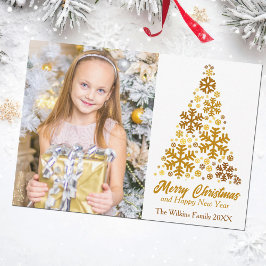 Chic Gold Snowflakes Weihnachtsbaumfamilie Foto Feiertagskarte