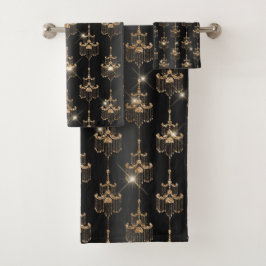 Chic Gold Sparkle Chandelier Black Badhandtuch Set