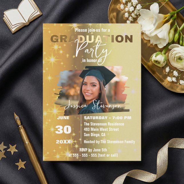 Chic Gold Sparkly Metallic Photo Graduation Party Einladung (Von Creator hochgeladen)